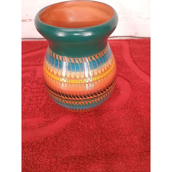 Handcrafted Navajo Pottery Vase By Largo Dine - Multicolor Etched Design - 5" Ta - Picture 1 of 6